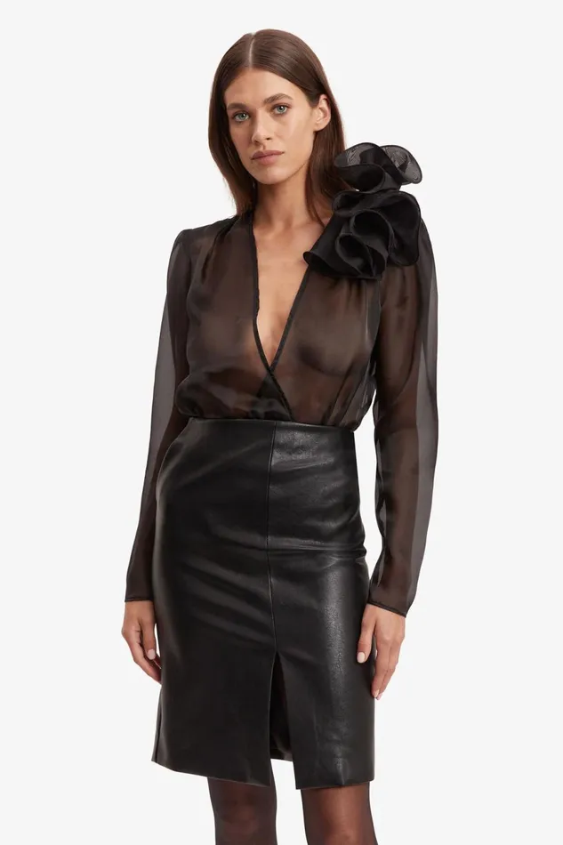 Women Bardot Party Tops Galia Organza Wrap Bodysuit In Black Black Women Bardot Party Tops Galia Organza Wrap Bodysuit In Black Black