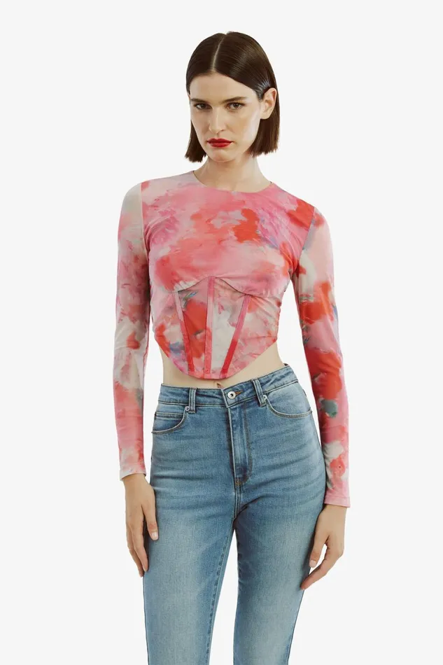Women Bardot Party Tops Lena Mesh Corset Top In Wildflower Wildflower Women Bardot Party Tops Lena Mesh Corset Top In Wildflower Wildflower