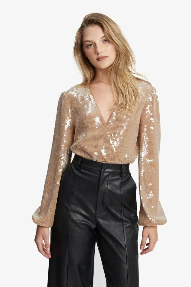 Women Bardot Party Tops Verona Sequin Wrap Bodysuit In Nude Nude