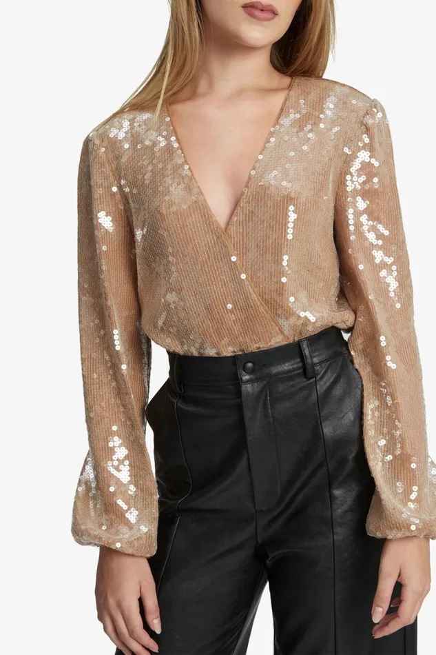 Women Bardot Party Tops Verona Sequin Wrap Bodysuit In Nude Nude