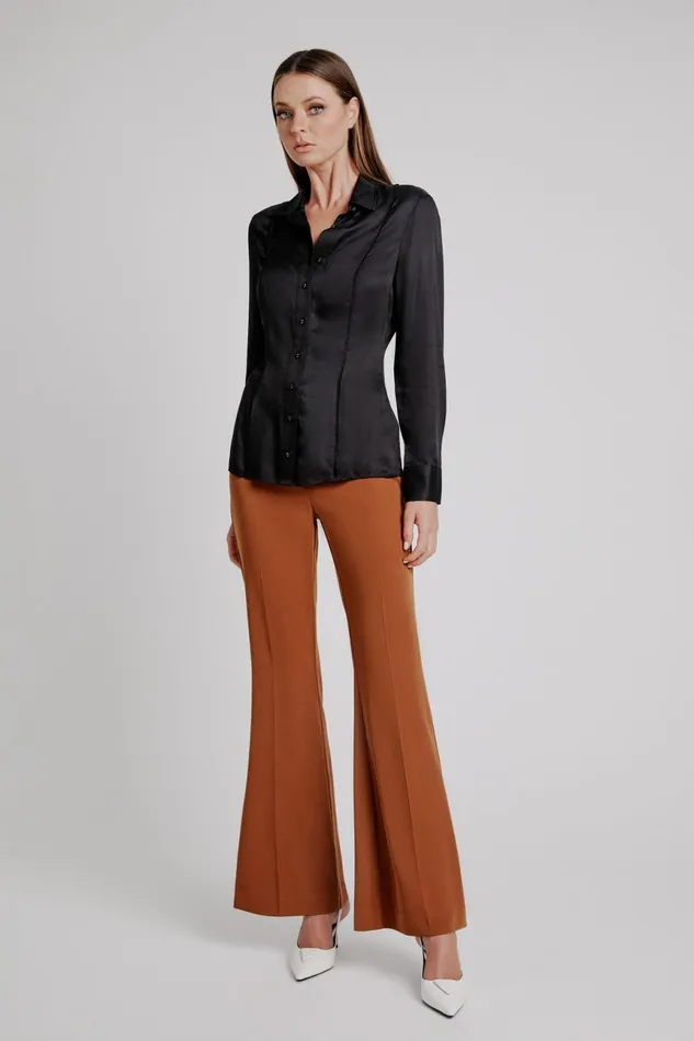 Women Bardot Shirts and Blouses Fitted Satin Shirt In Black Black