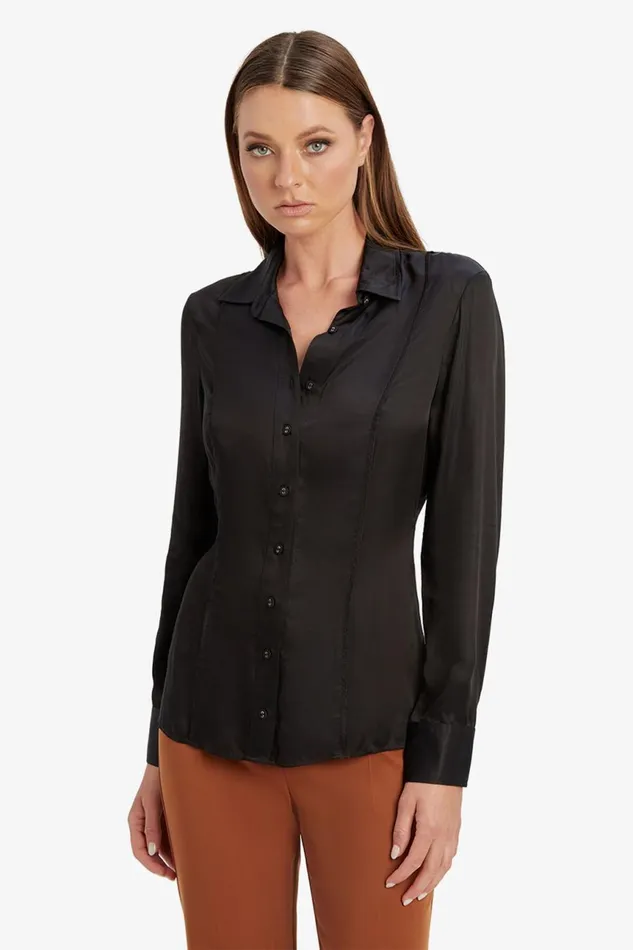 Women Bardot Shirts and Blouses Fitted Satin Shirt In Black Black Women Bardot Shirts and Blouses Fitted Satin Shirt In Black Black