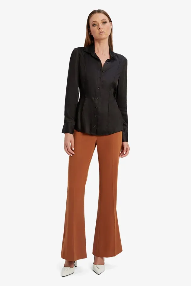 Women Bardot Shirts and Blouses Fitted Satin Shirt In Black Black Women Bardot Shirts and Blouses Fitted Satin Shirt In Black Black