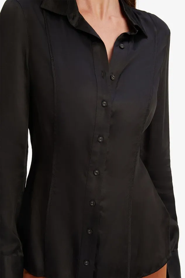 Women Bardot Shirts and Blouses Fitted Satin Shirt In Black Black Women Bardot Shirts and Blouses Fitted Satin Shirt In Black Black