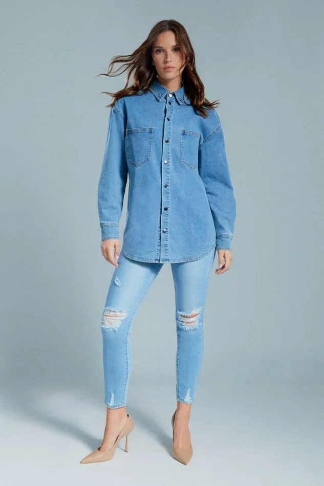 Women Bardot Shirts and Blouses Oversized Denim Shirt In Acid Acid