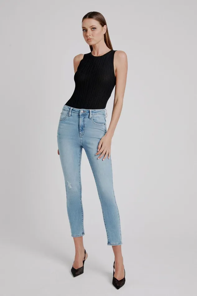 Women Bardot Skinny Jean Khloe Hi Crop Rip Jeans In Light Denim Light Denim