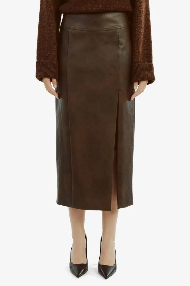 Women Bardot Skirts Dante Vegan Leather Midi Skirt In Dark Chocolate Dark Chocolate