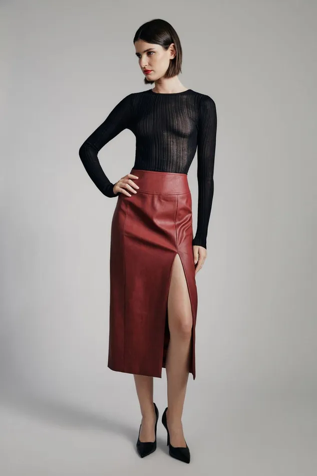 Women Bardot Skirts Dante Vegan Leather Midi Skirt In Deep Red Deep Red