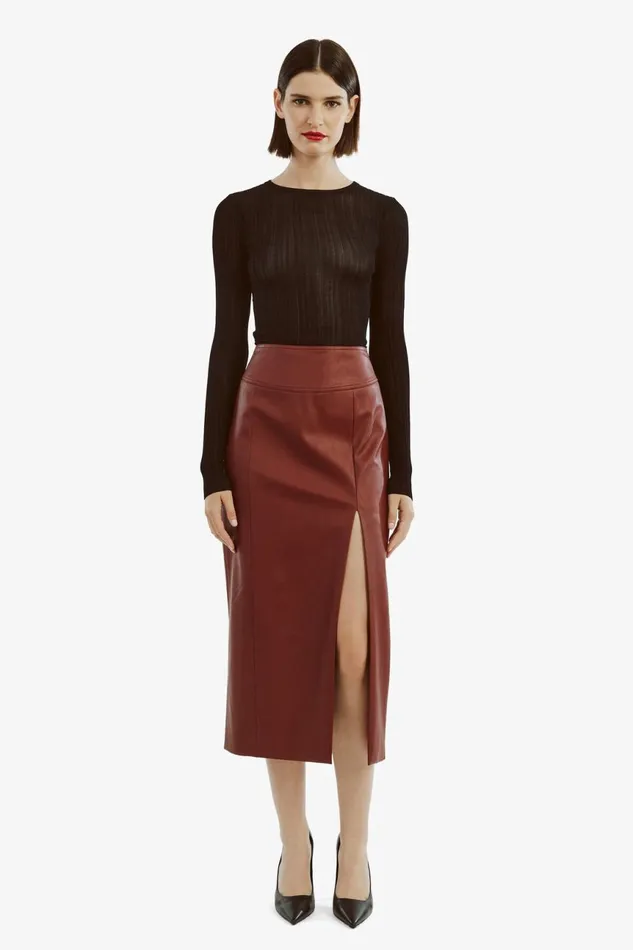Women Bardot Skirts Dante Vegan Leather Midi Skirt In Deep Red Deep Red Women Bardot Skirts Dante Vegan Leather Midi Skirt In Deep Red Deep Red