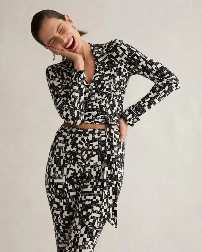 Women Bobbie Wrap Top Tiny Dvf 50th Crossword Black DVF Tops