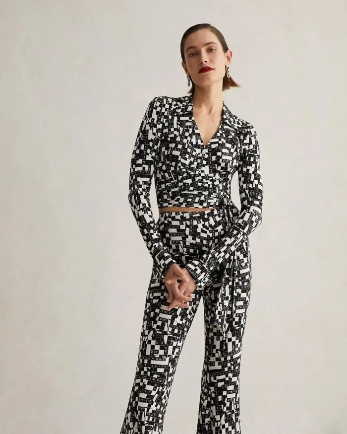 Women Bobbie Wrap Top Tiny Dvf 50th Crossword Black DVF Tops
