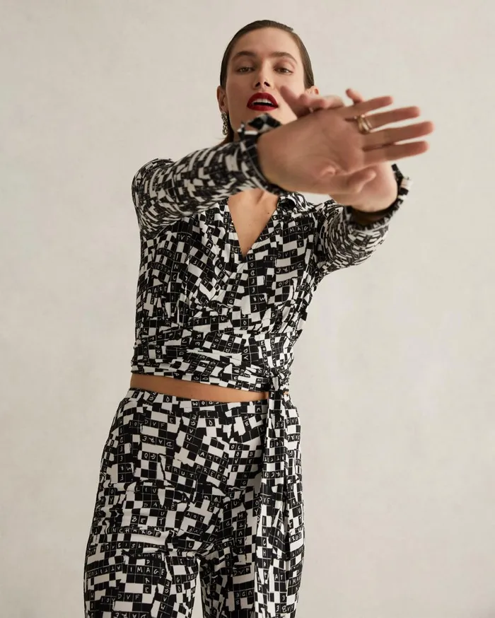 Women Bobbie Wrap Top Tiny Dvf 50th Crossword Black DVF Tops