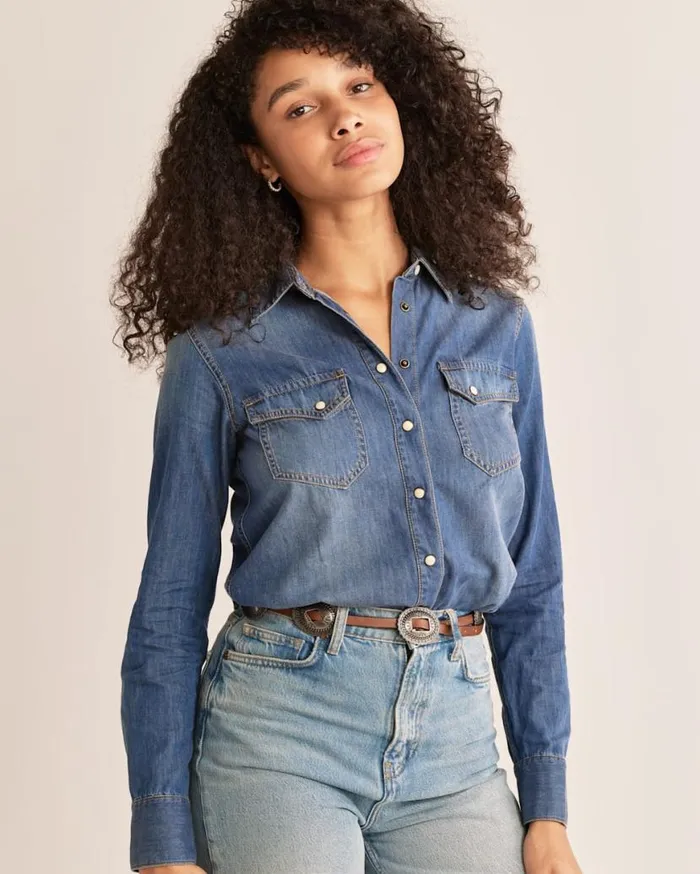 Women CHAMBRAY GAMBLER SHIRT Medium Blue Pendleton Shirts and Blouses