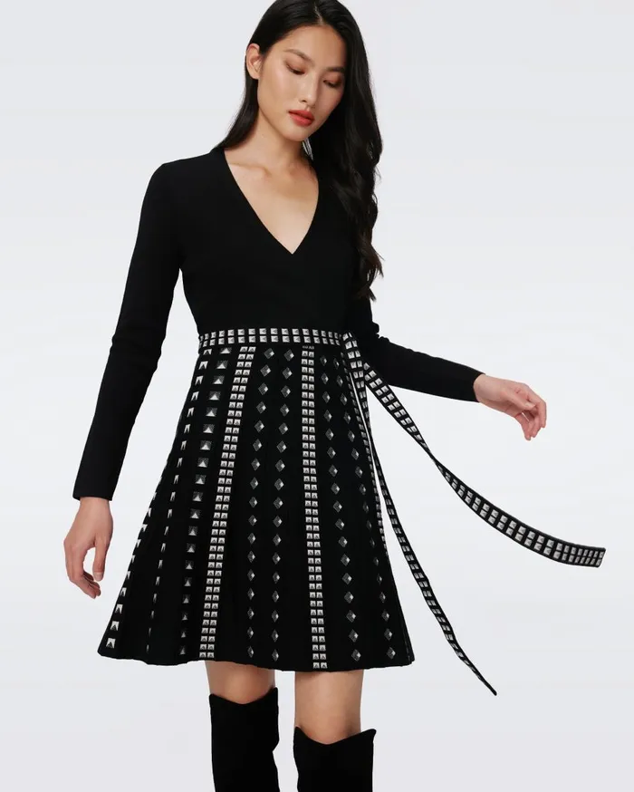 Women Chelsea Knit Jacquard Dress Black And Stud DVF Dresses