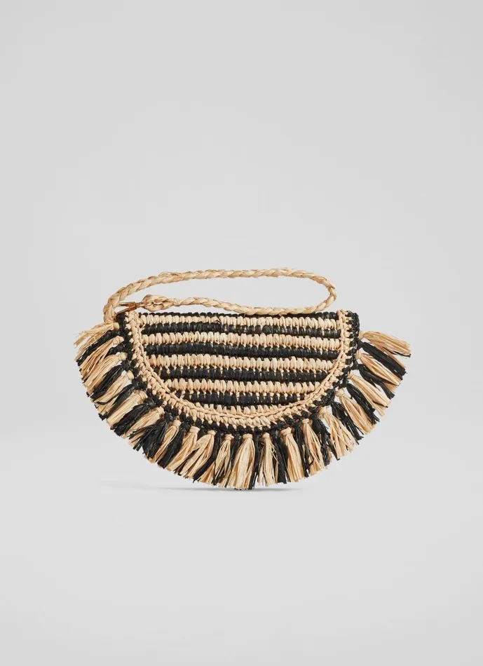 Women Clutch Bags LKBennett Luna Natural And Black Raffia Fringed Bag