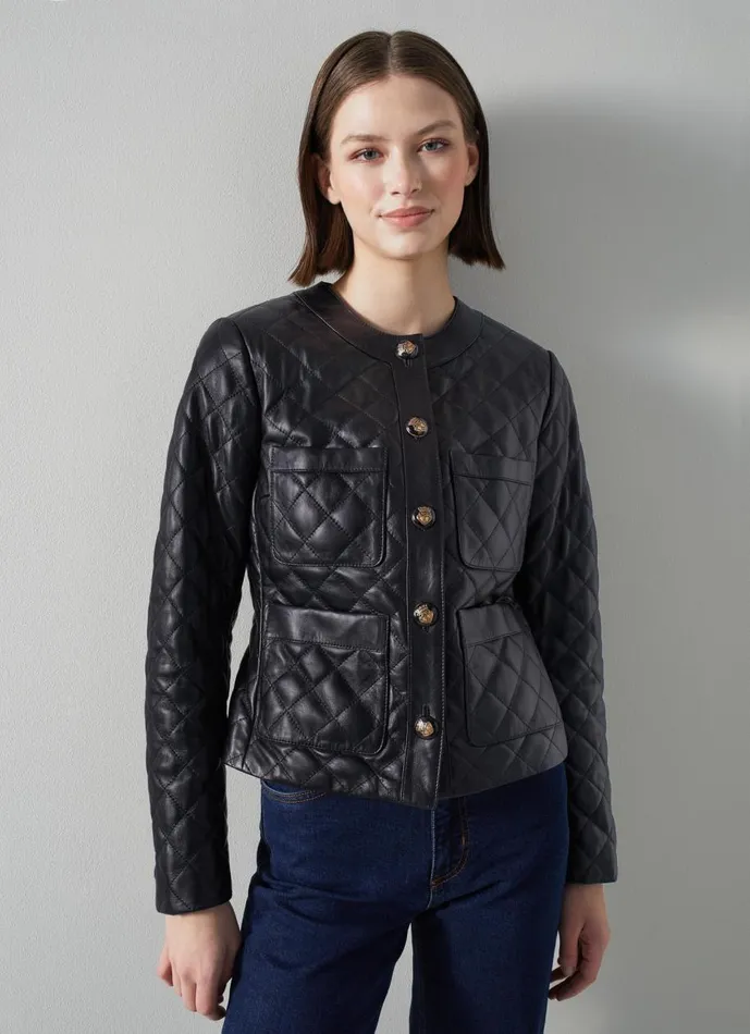 Women Coats and Jackets LKBennett Albany Black Quilted Leather Jacket Black