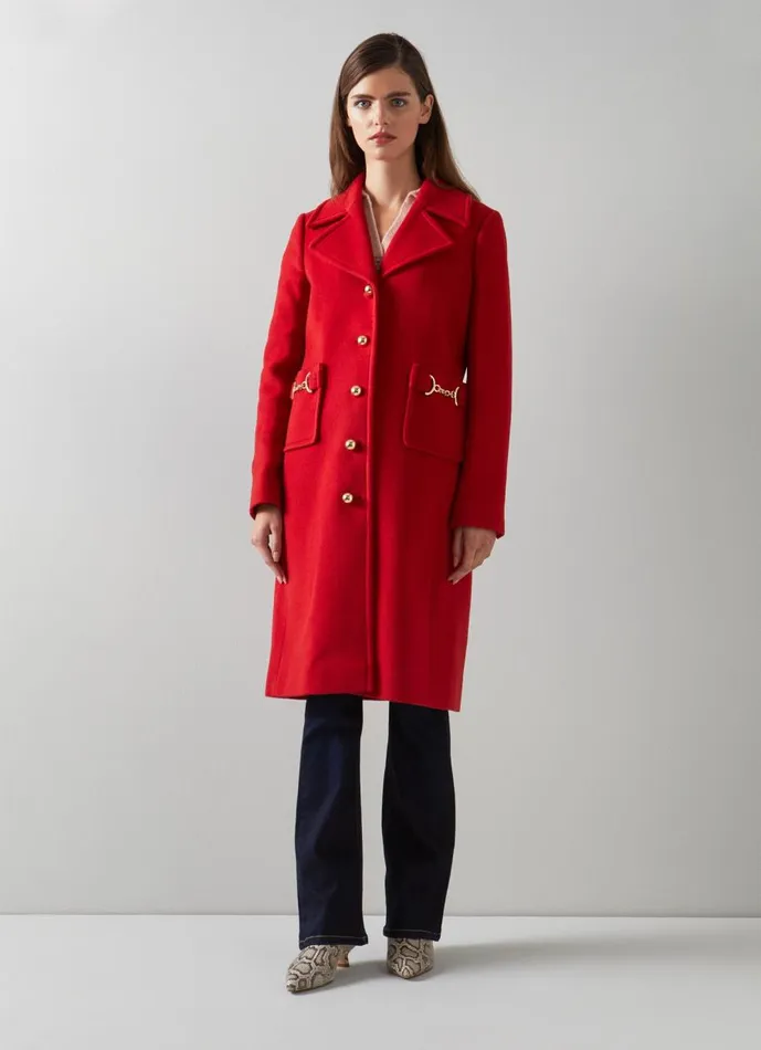 Women Coats and Jackets LKBennett Spencer Red Recycled Wool Blend SnaffleDetail Coat Red