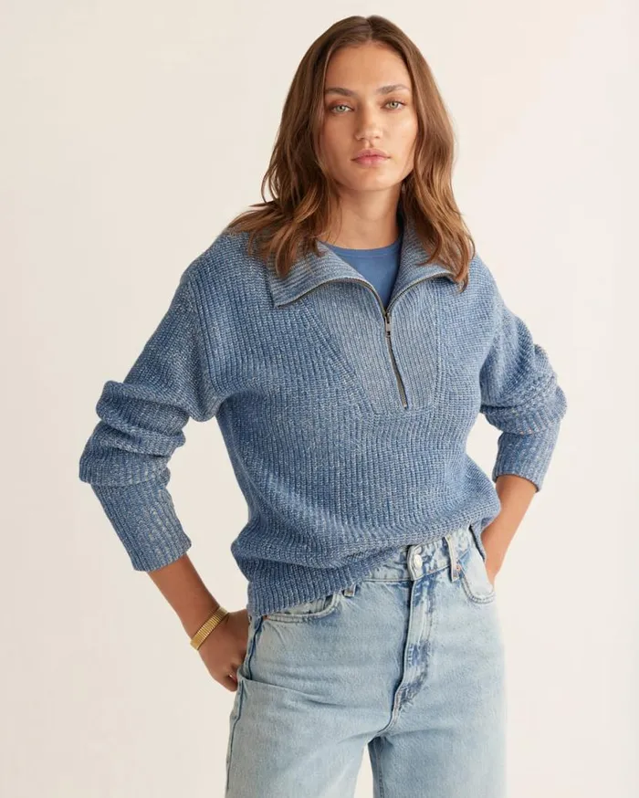 Women COTTON SHAKER STITCH ZIP PULLOVER Ocean Blueivory Pendleton Sweaters