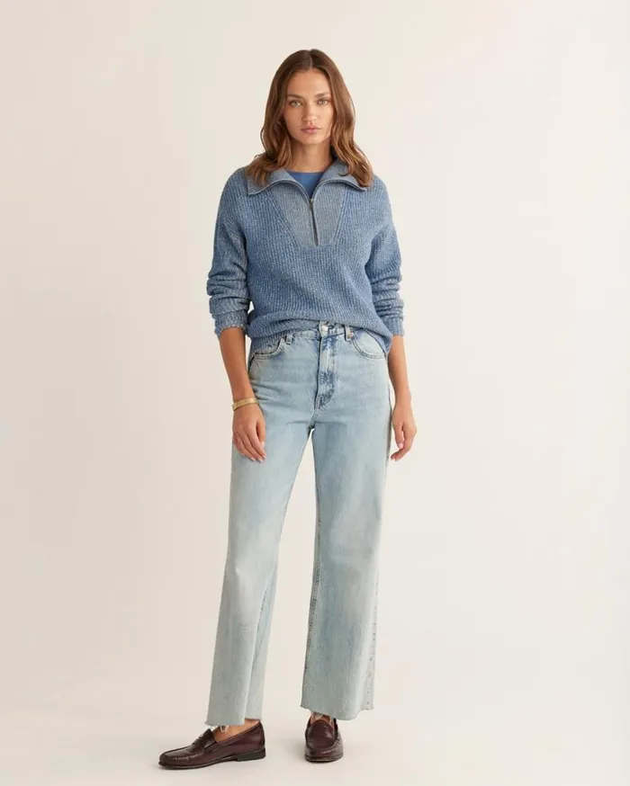 Women COTTON SHAKER STITCH ZIP PULLOVER Ocean Blueivory Pendleton Sweaters