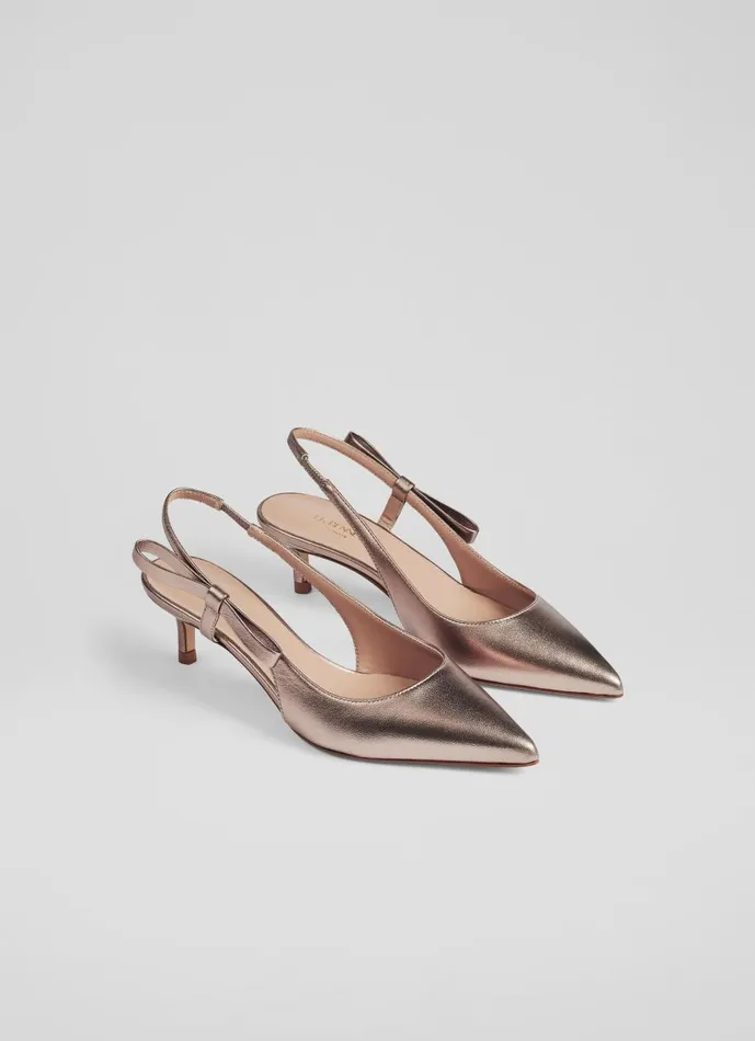 Women Court Shoes LKBennett Barette Brown Metallic Bow Kitten Heels Bronze