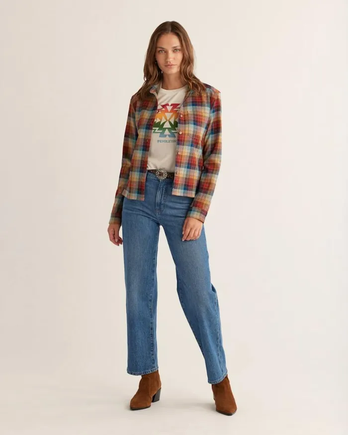Women CROPPED WOOL SHIRT Brick Multi Check Pendleton Shirts and Blouses