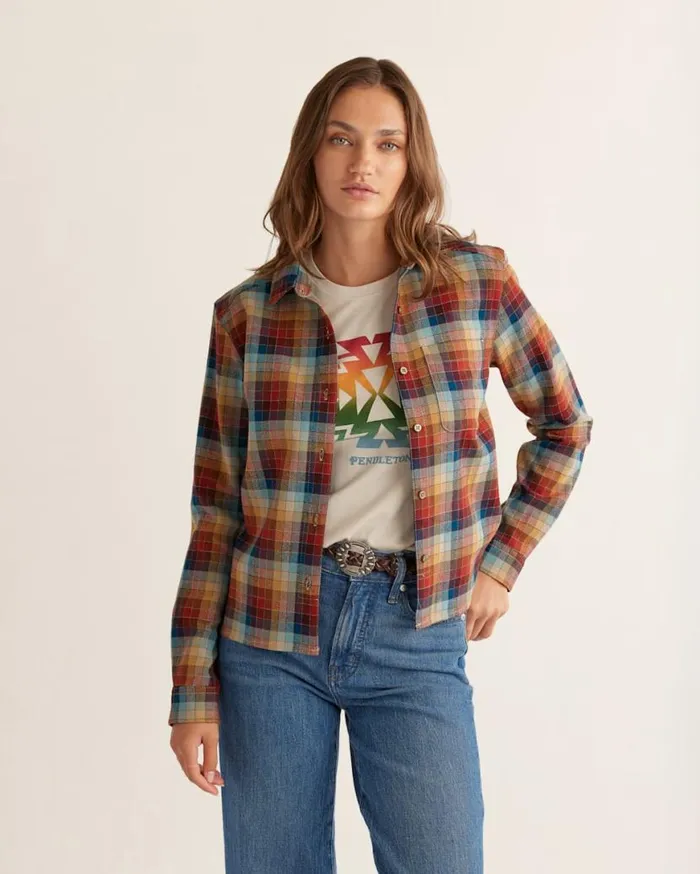 Women CROPPED WOOL SHIRT Brick Multi Check Pendleton Shirts and Blouses