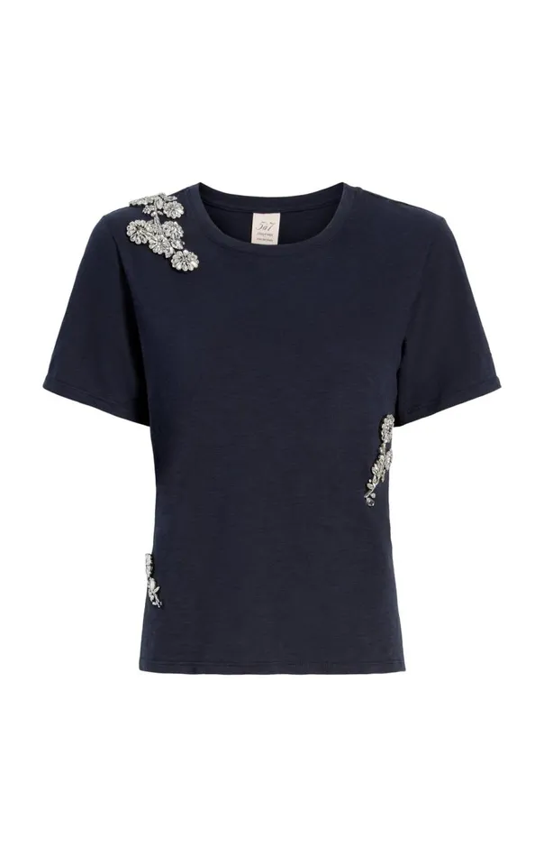 Women Crystal Chrysanthemum Shrunken Tee Navy Cinq Sept Tees