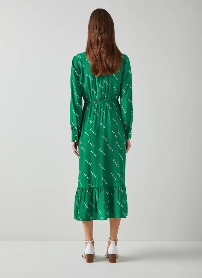 Women Dresses LKBennett Bridget Green ViscoseSilk Monkey Print Dress Green Cream