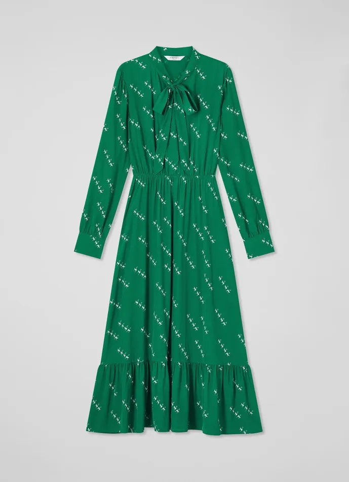Women Dresses LKBennett Bridget Green ViscoseSilk Monkey Print Dress Green Cream