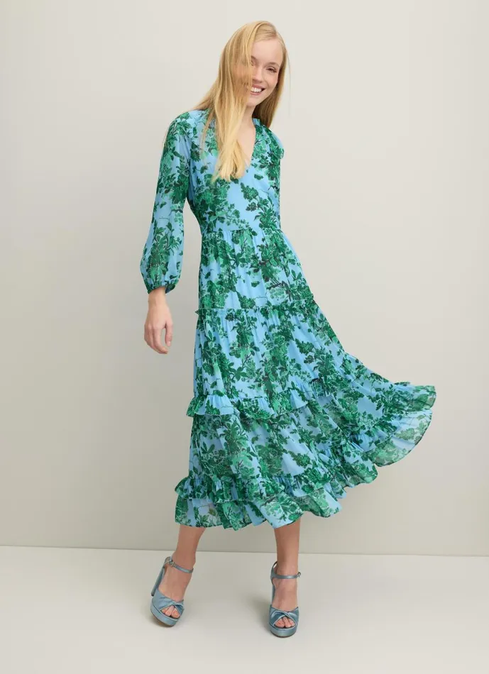 Women Dresses LKBennett Eleanor Neon Garden Print Recycled Polyester Tiered Dress Green Blue Women Dresses LKBennett Eleanor Neon Garden Print Recycled Polyester Tiered Dress Green Blue