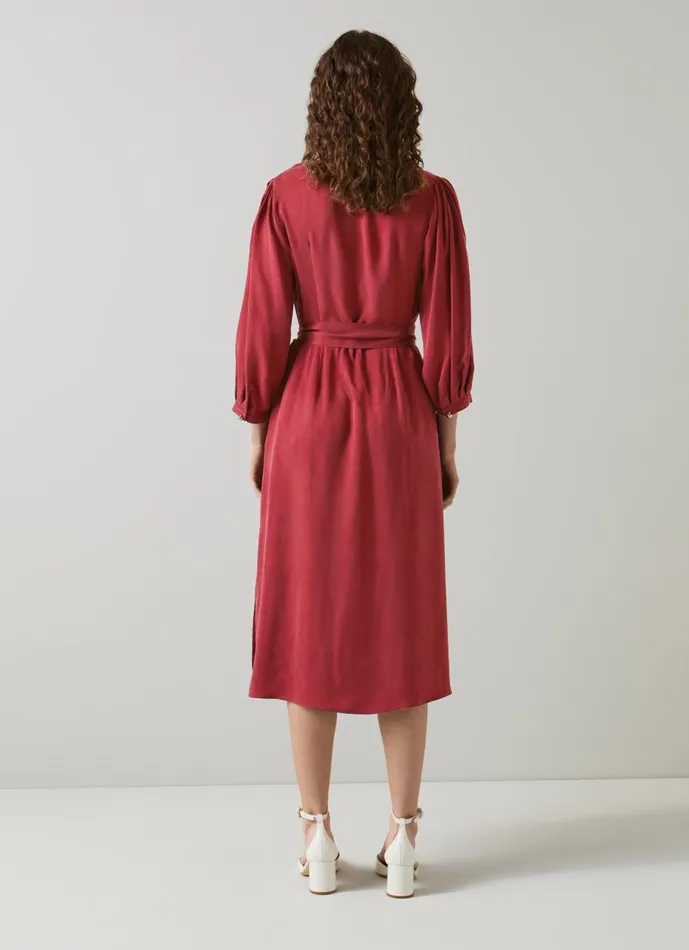 Women Dresses LKBennett Iris Red Fluid Midi Dress Red Dahlia