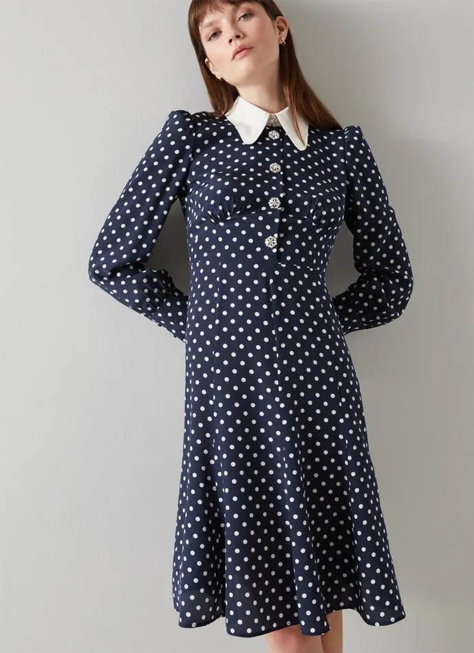 Women Dresses LKBennett Mathilde Navy and Cream Polka Dot Silk Tea Dress Navy Blue Women Dresses LKBennett Mathilde Navy and Cream Polka Dot Silk Tea Dress Navy Blue