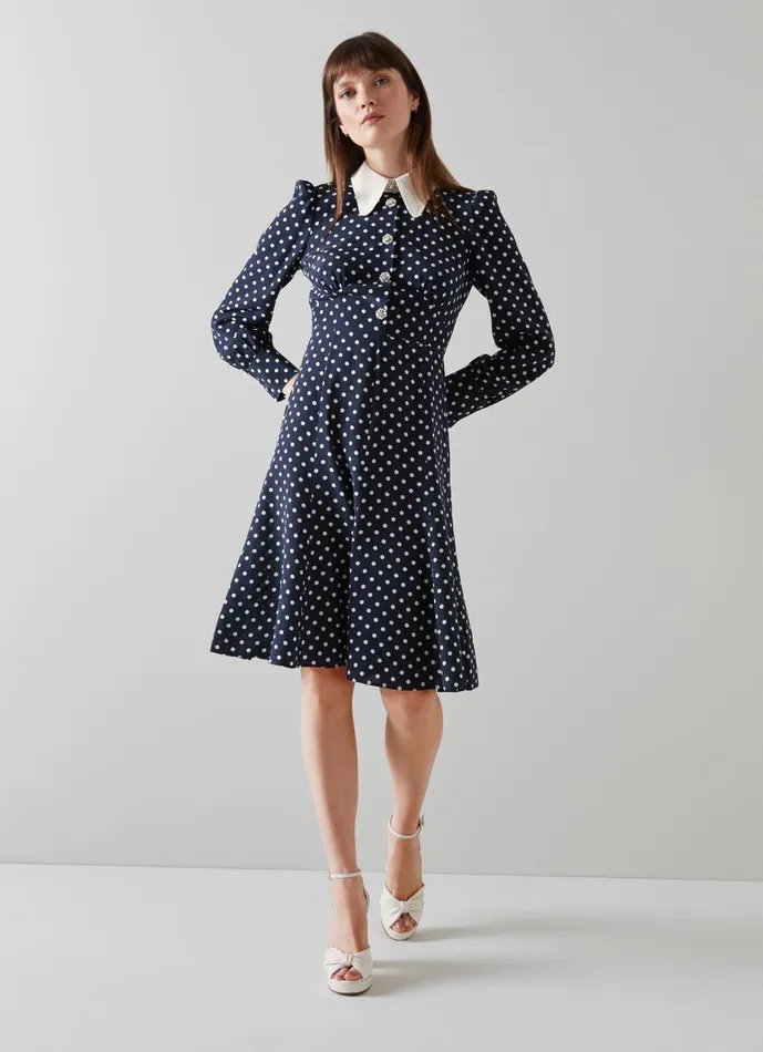 Women Dresses LKBennett Mathilde Navy and Cream Polka Dot Silk Tea Dress Navy Blue