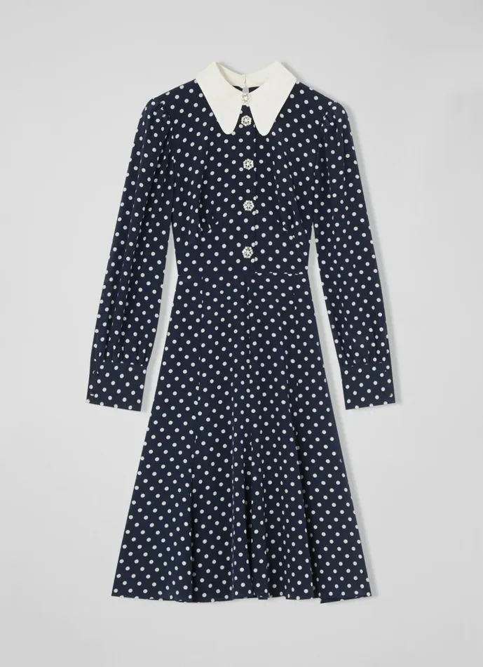 Women Dresses LKBennett Mathilde Navy and Cream Polka Dot Silk Tea Dress Navy Blue