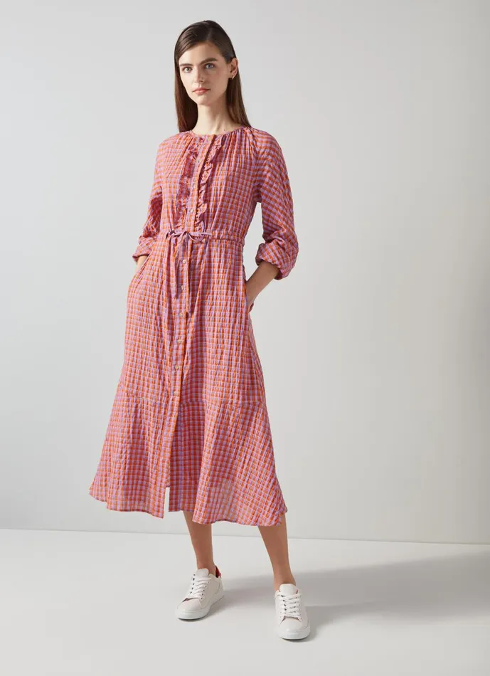 Women Dresses LKBennett Sophie Purple And Orange Gingham CottonBlend Dress Orange
