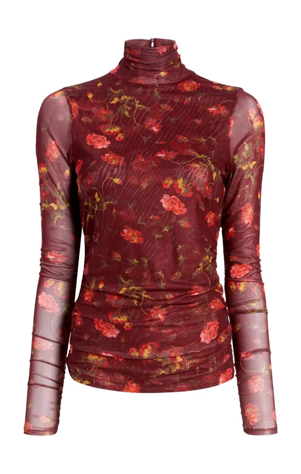 Women Falling Poppies Shirred Mesh Turtleneck Rhubarbmulti Cinq Sept Long Sleeve Tops