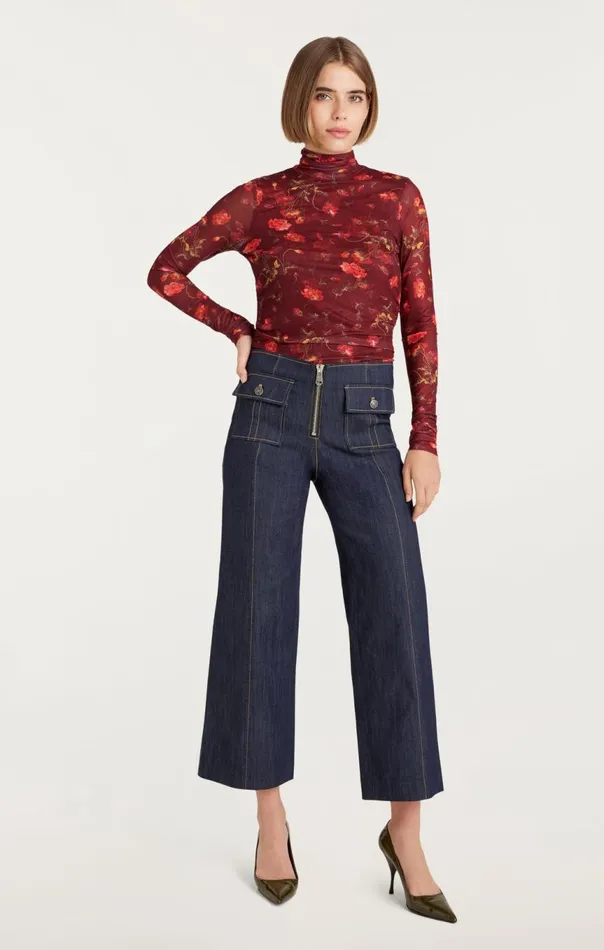 Women Falling Poppies Shirred Mesh Turtleneck Rhubarbmulti Cinq Sept Long Sleeve Tops