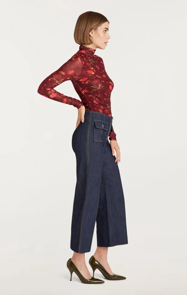 Women Falling Poppies Shirred Mesh Turtleneck Rhubarbmulti Cinq Sept Long Sleeve Tops