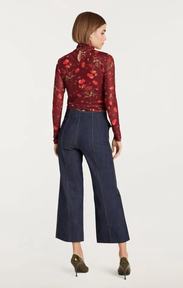 Women Falling Poppies Shirred Mesh Turtleneck Rhubarbmulti Cinq Sept Long Sleeve Tops