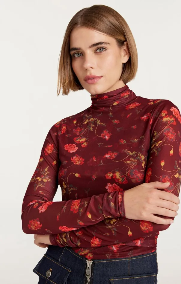 Women Falling Poppies Shirred Mesh Turtleneck Rhubarbmulti Cinq Sept Long Sleeve Tops