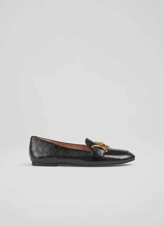 Women Flats LKBennett Daphne Black CrocEffect Leather Loafers Black