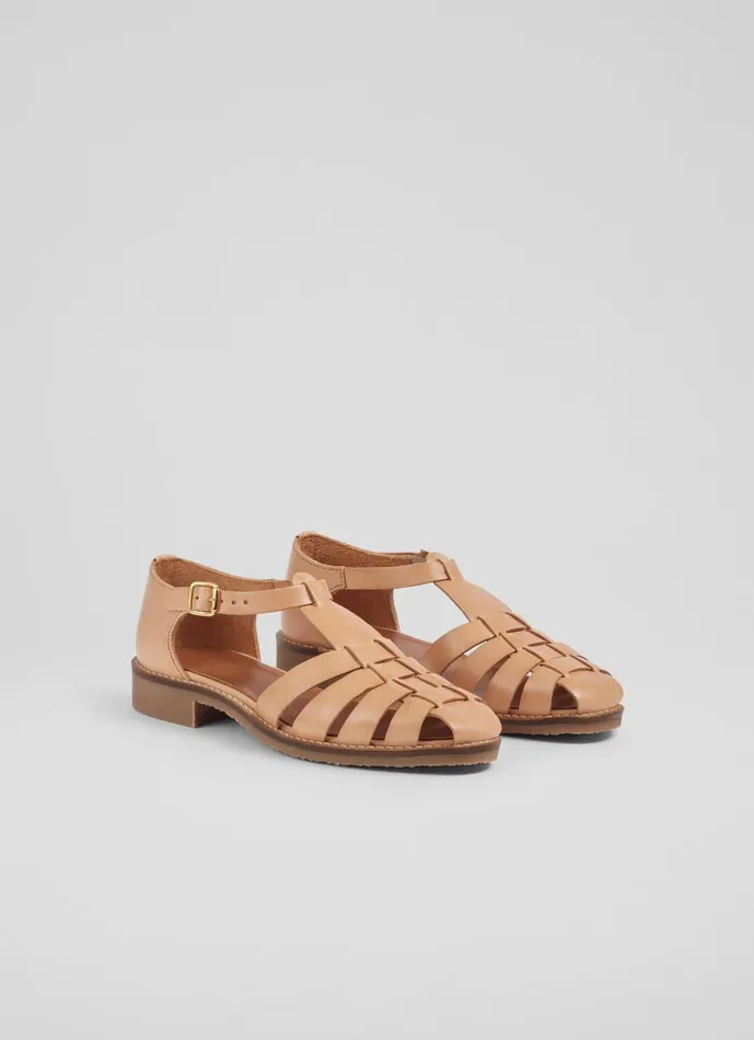 Women Flats LKBennett Lidia Tan Vegetable Dyed Leather Flat Sandals Biscuit