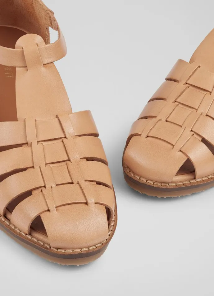 Women Flats LKBennett Lidia Tan Vegetable Dyed Leather Flat Sandals Biscuit