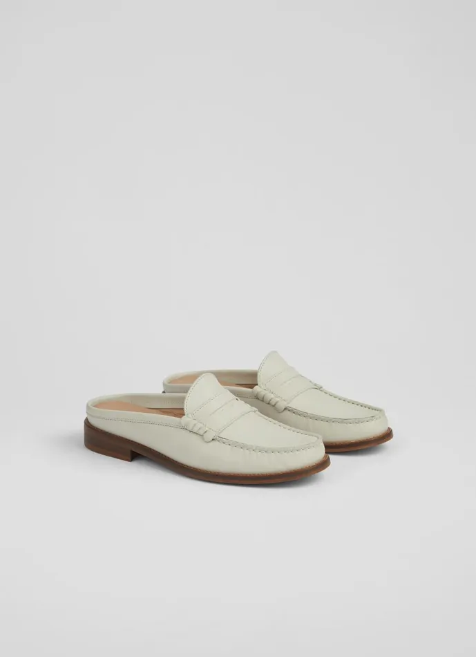 Women Flats LKBennett Oslo Cream Leather Backless Loafers Ecru