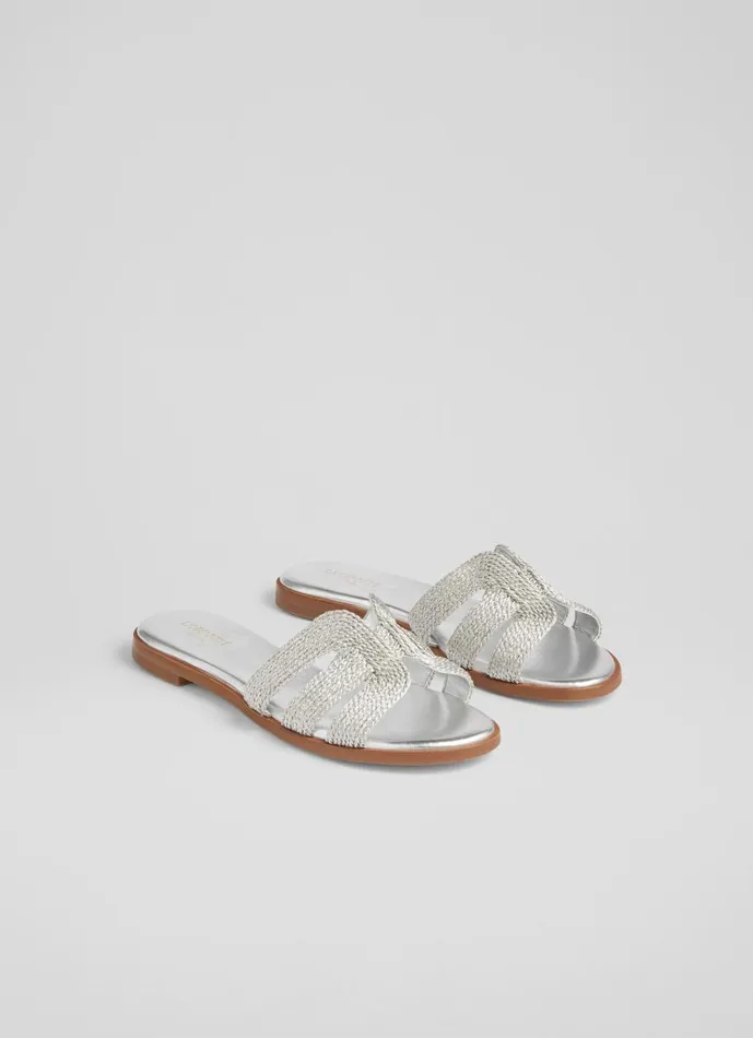 Women Flats LKBennett Riley Silver Metallic Raffia Flat Mules Silver