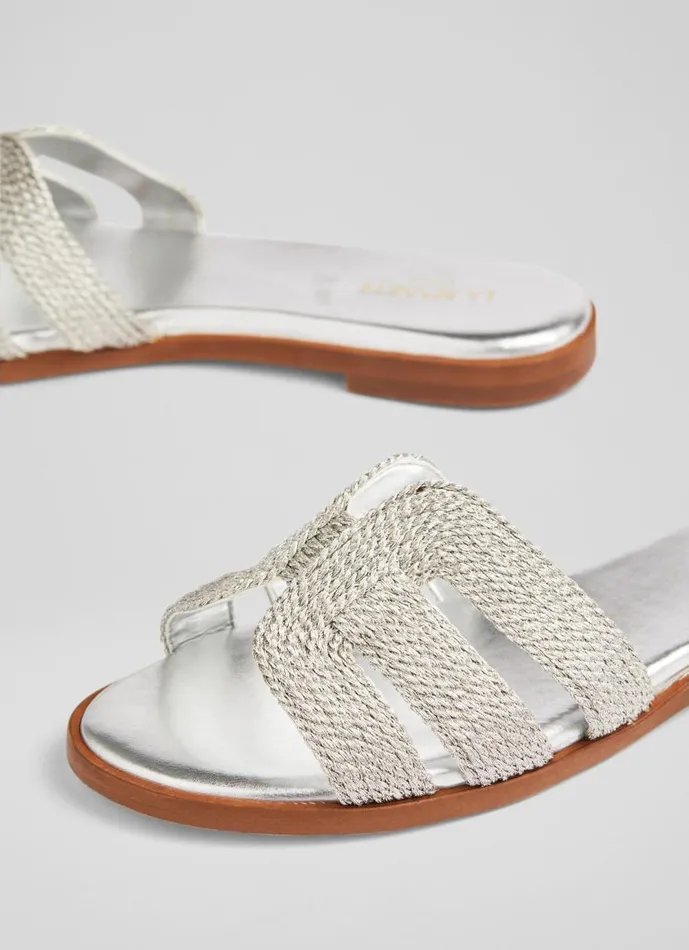 Women Flats LKBennett Riley Silver Metallic Raffia Flat Mules Silver