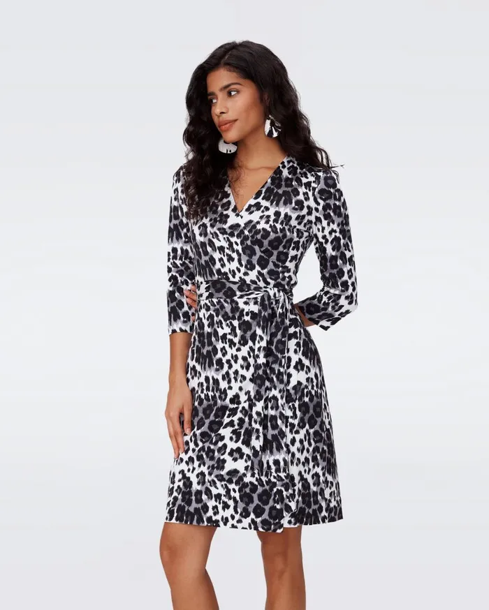Women Julian Silk Jersey Wrap Dress Heritage Snow Cheetah DVF Dresses