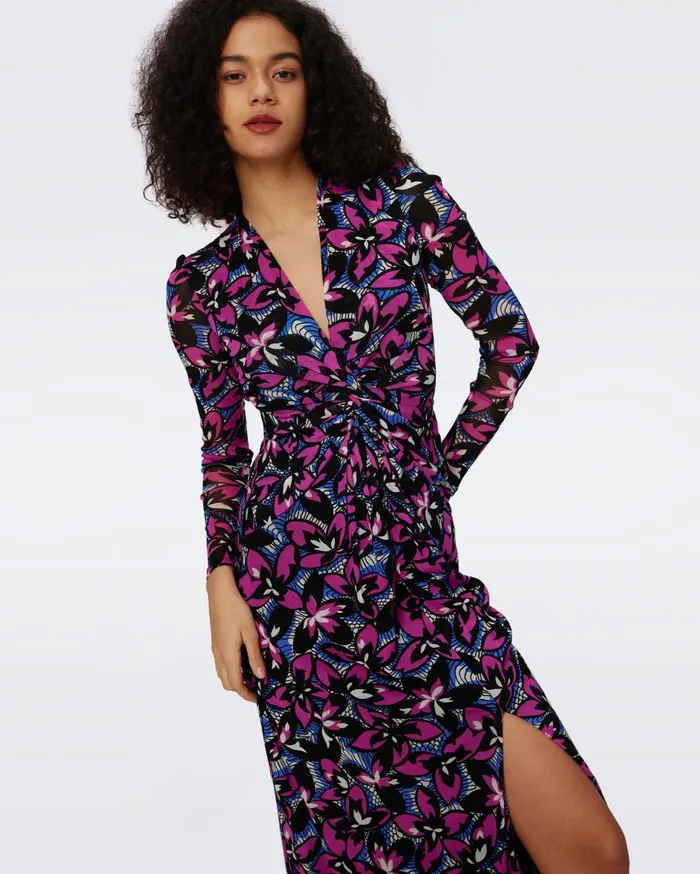 Women Kassia Mesh Dress Fishnet Floral Purple Blush DVF Dresses
