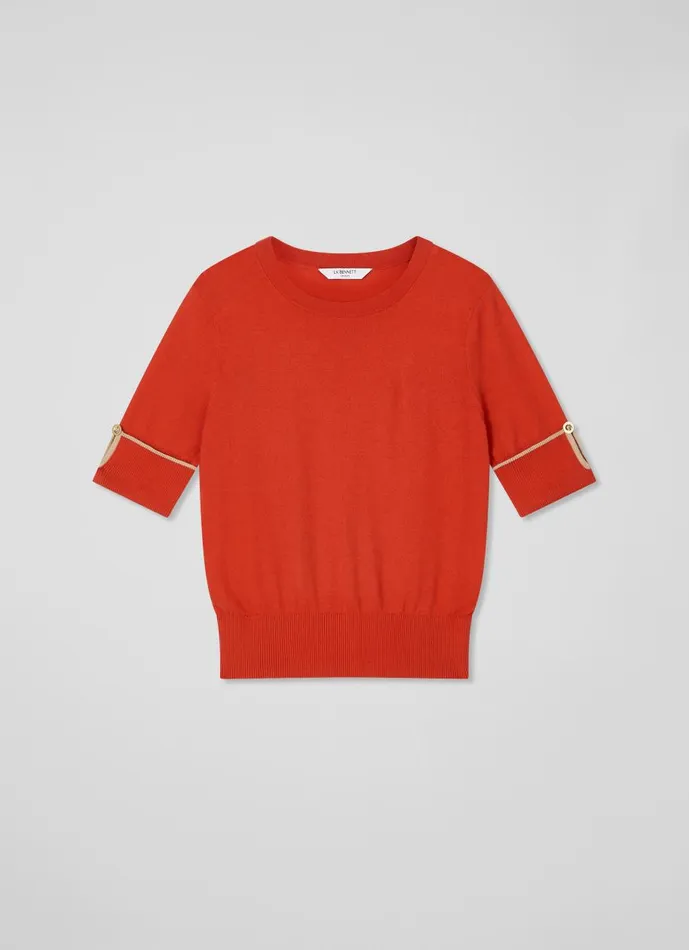 Women Knitwear LKBennett Bea Red Short Sleeve Knitted Top Ivory Red