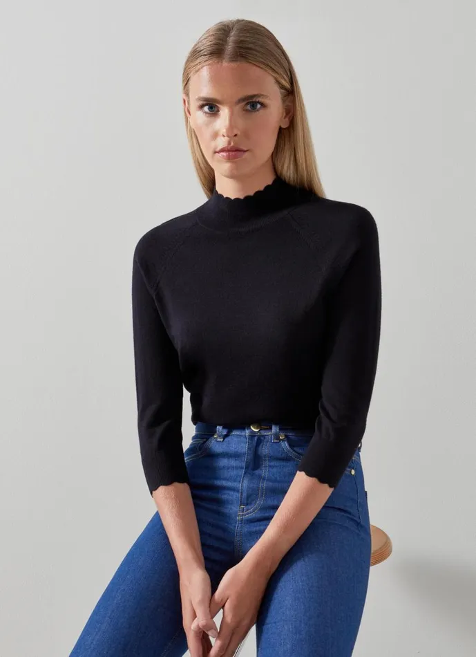 Women Knitwear LKBennett Betty Navy Sustainably Sourced Merino Wool Scallop Edge Jumper Midnight